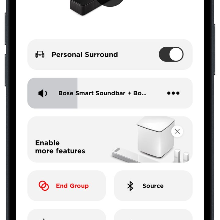 Bose Music app for iOS: Personal Surround Sound turned on.