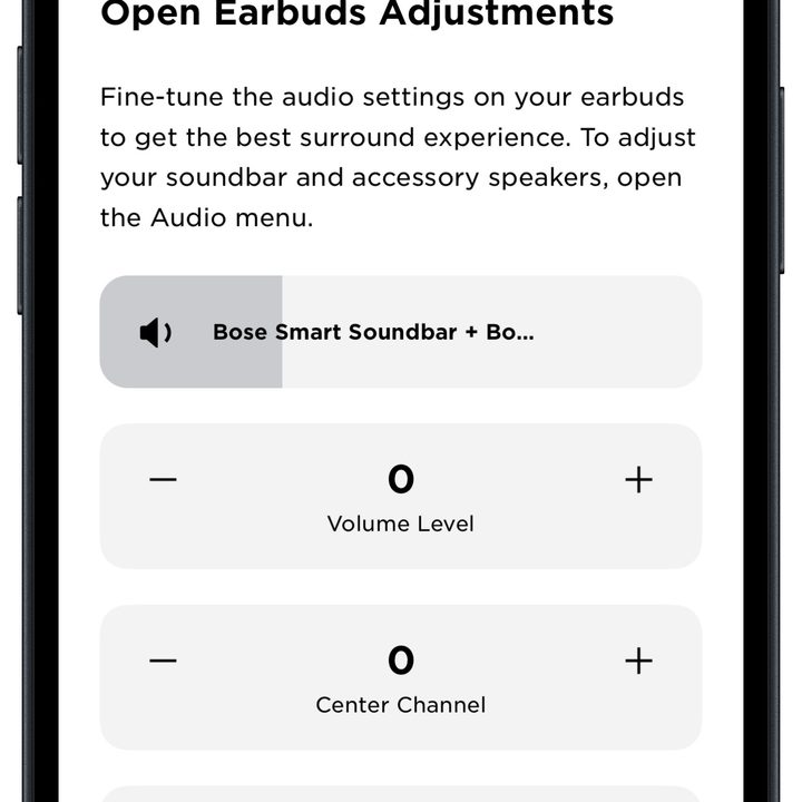Bose Music app for iOS: Personal Surround Sound settings.