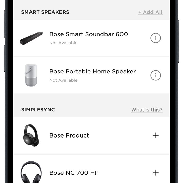Bose Music app for iOS: Bose Smart Soundbar grouping options.