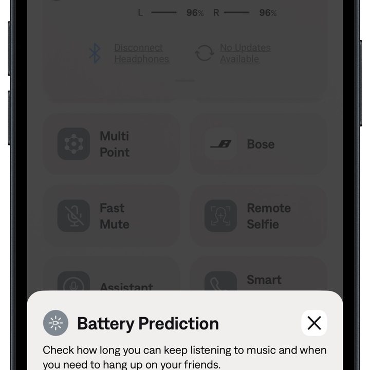 Bose QCE app for iOS: Battery Prediction.