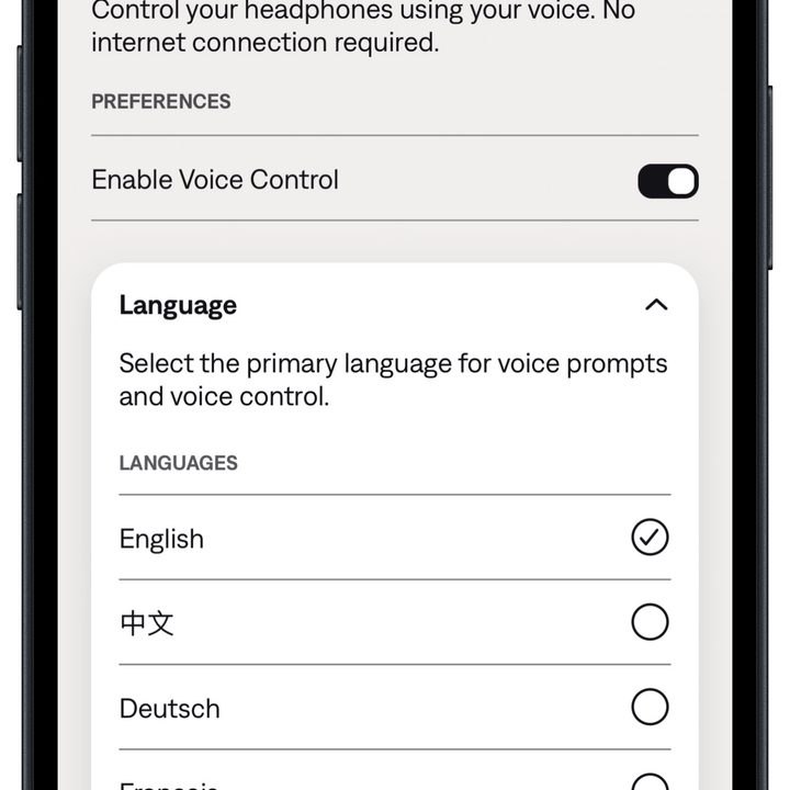 Bose QCE app for iOS: Voice Control.