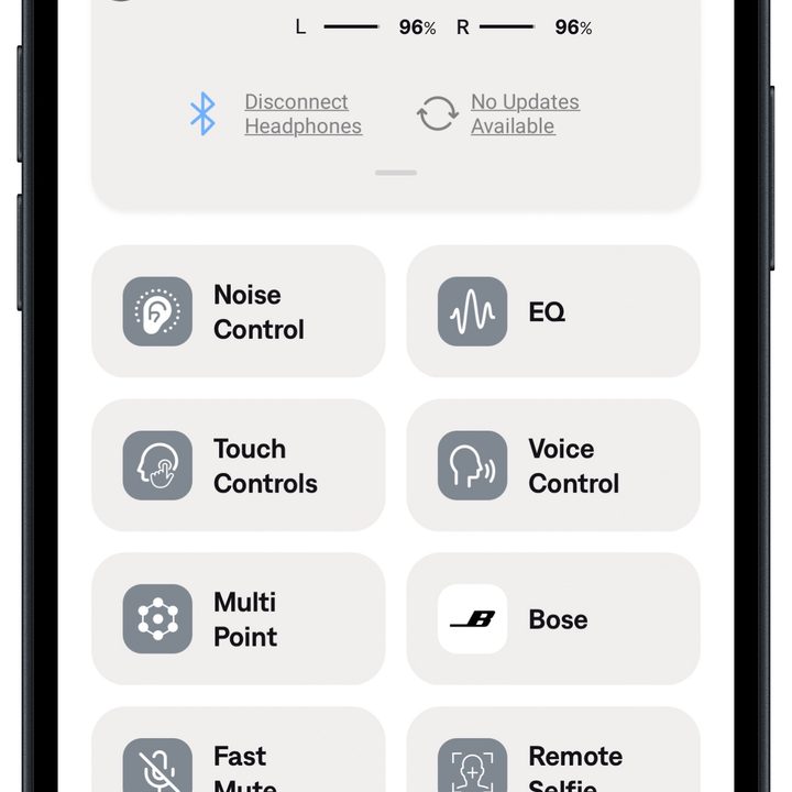 Bose QCE app for iOS: home screen.