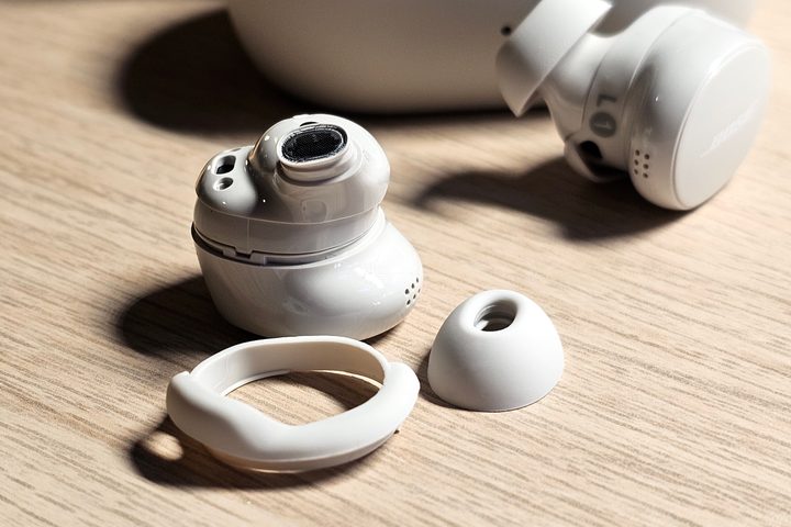 Bose QuietComfort Earbuds (2024): One earbuds with eartip and stability band removed.