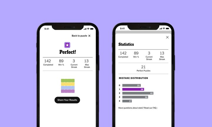 The new stats feature in Connections on two mobile screens. On the left you have the new share results screen. On the right are the full stats.