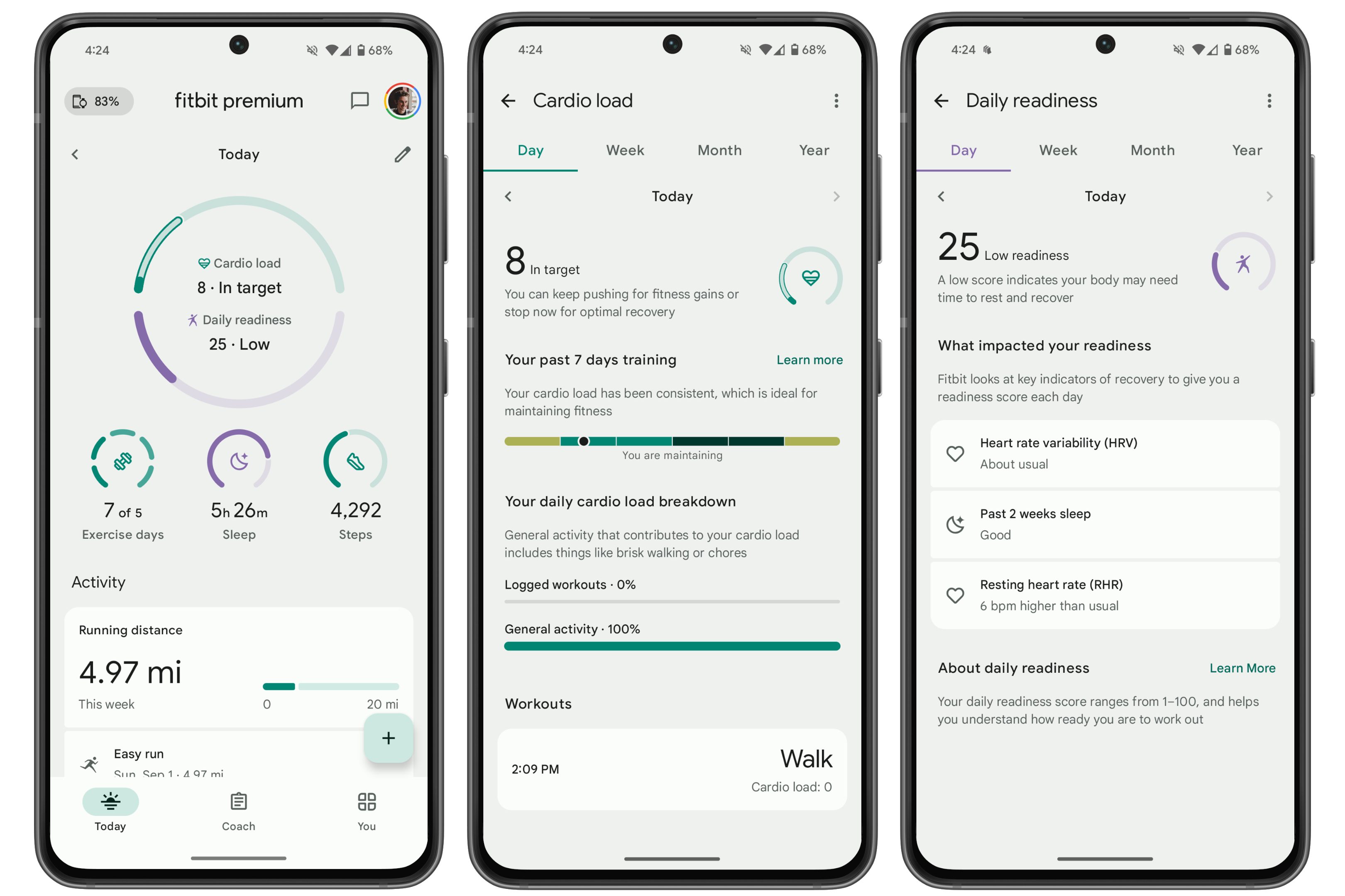 The Fitbit app showing the new Cardio Load and Readiness features.