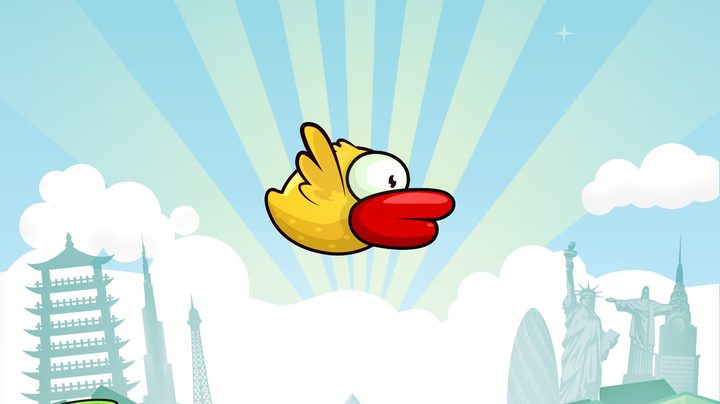 The Flappy bird in the center of the screen. There are sunbeams behind them.