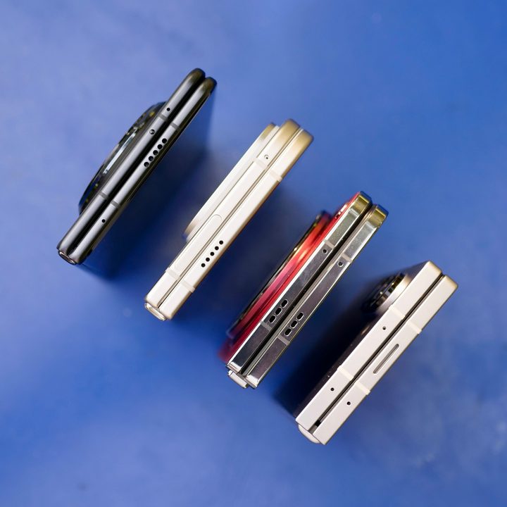 A top down view of the folded Honor Magic V3, Google Pixel 9 Pro Fold, OnePlus Open, and Samsung Galaxy Z Fold 6.