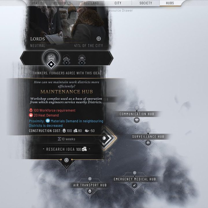 The image shows the tech tree where certain factions are in favor of a particular research.