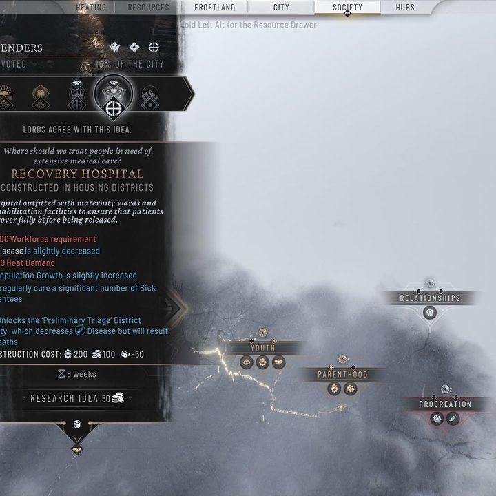 The image shows a tech tree with research being proposed by a faction.