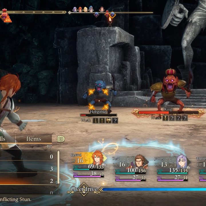 Gerard red haired boy facing enemies in turn-based combat with Glimmer light bulb next to attack