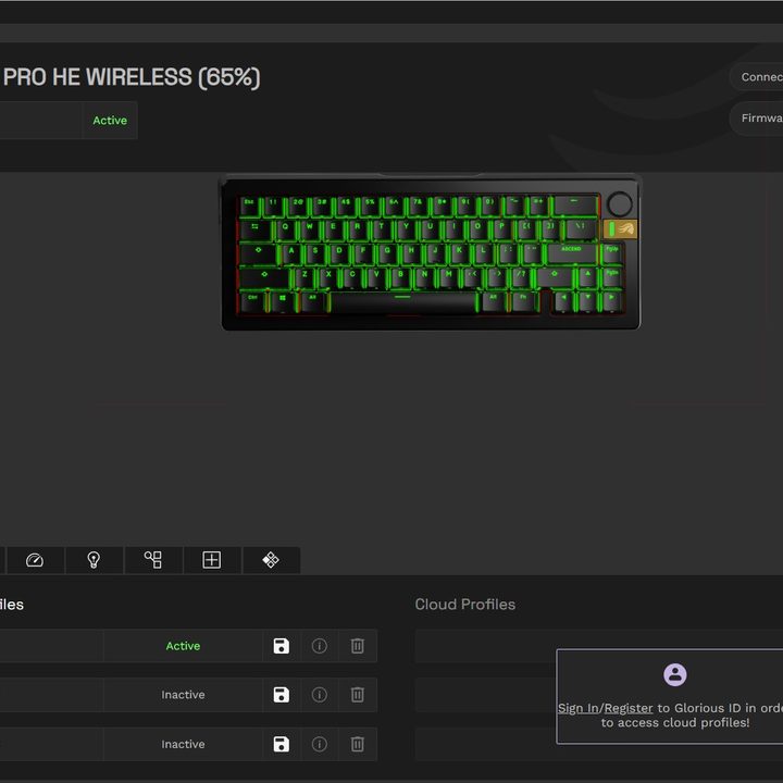 The main page of the Glorious Core software.