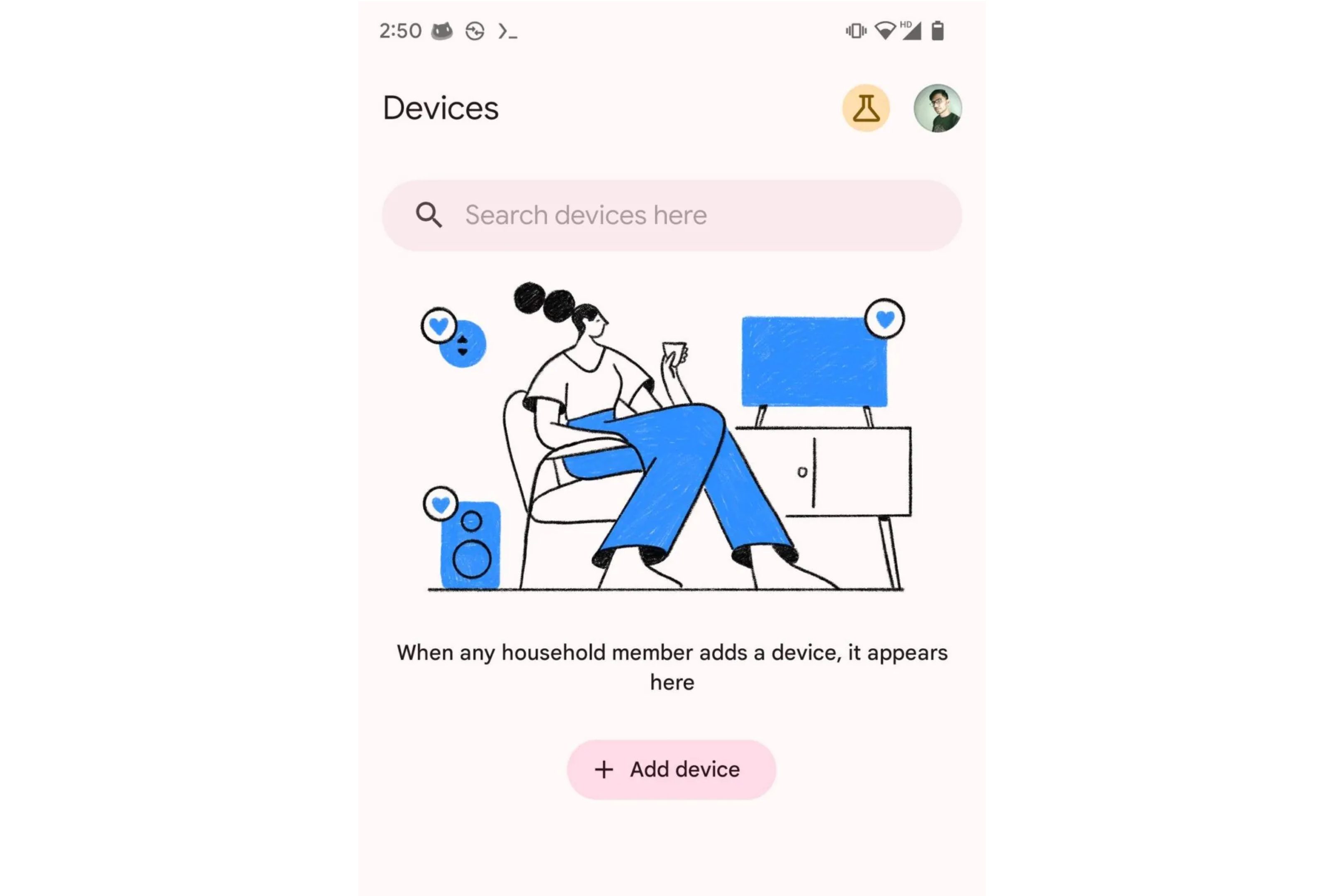 A screenshot of a new search bar feature in the Google Home app.