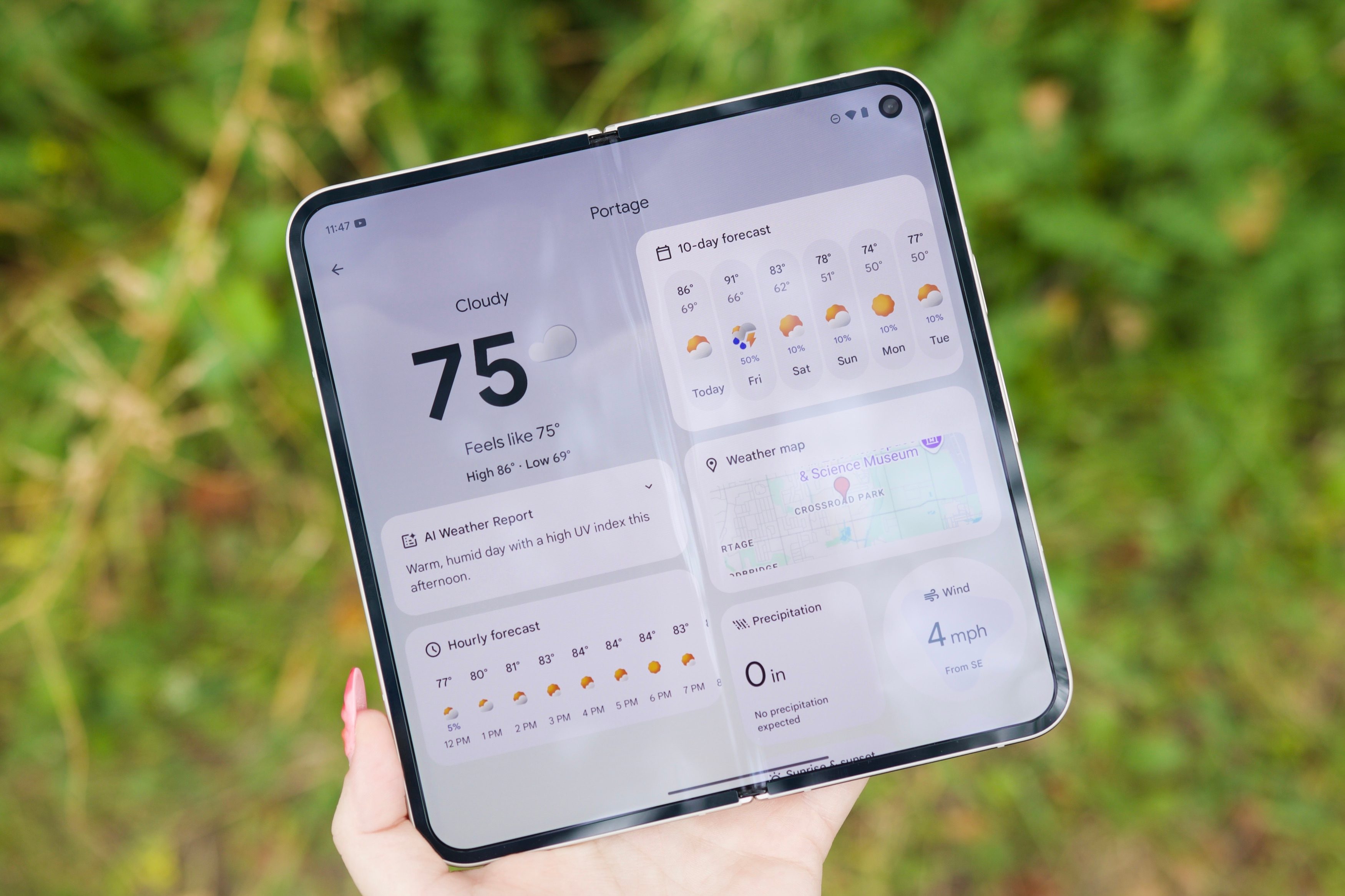 Pixel Weather app running on the Google Pixel 9 Pro Fold.