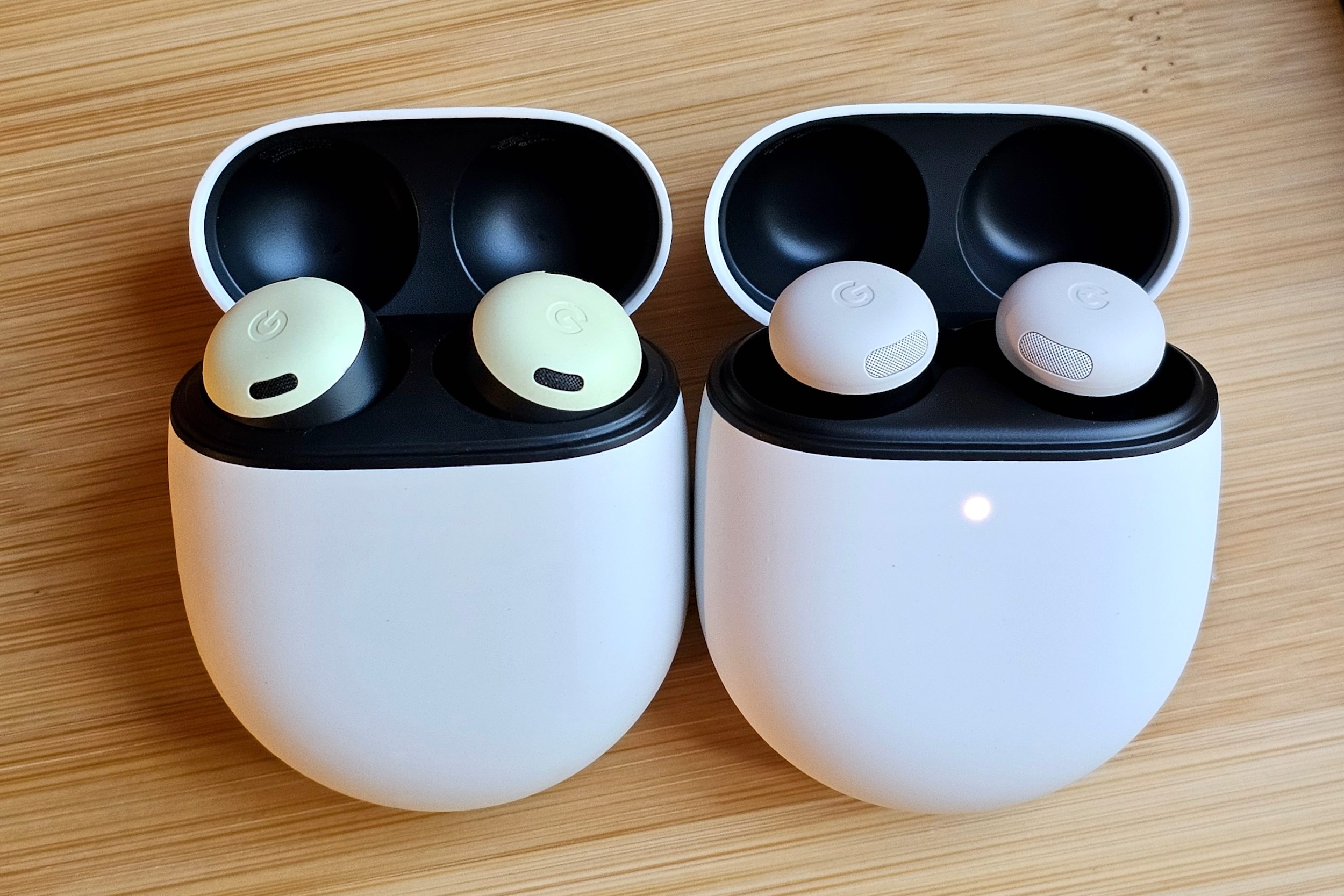 Google Pixel Buds Pro 2 and Pixel Buds Pro side-by-side.