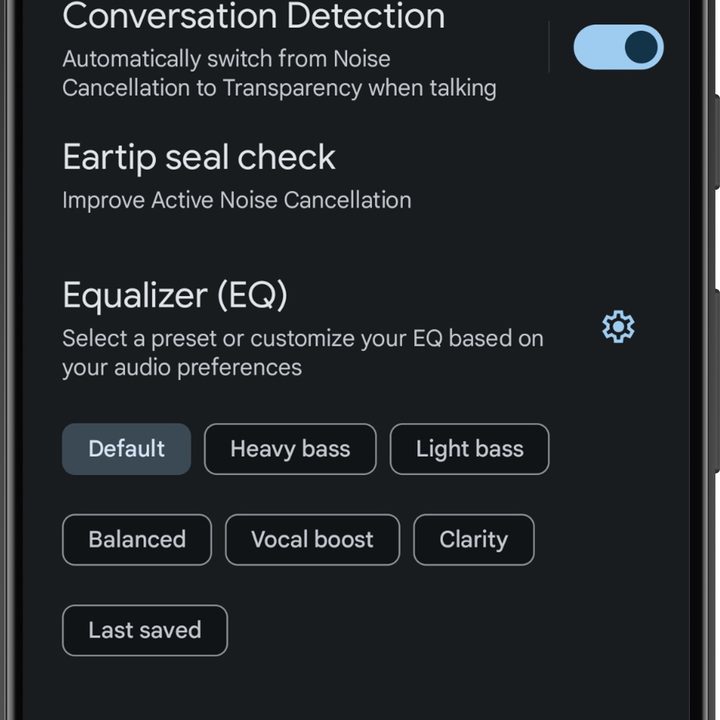 Google Pixel Buds app for Android: Settings.