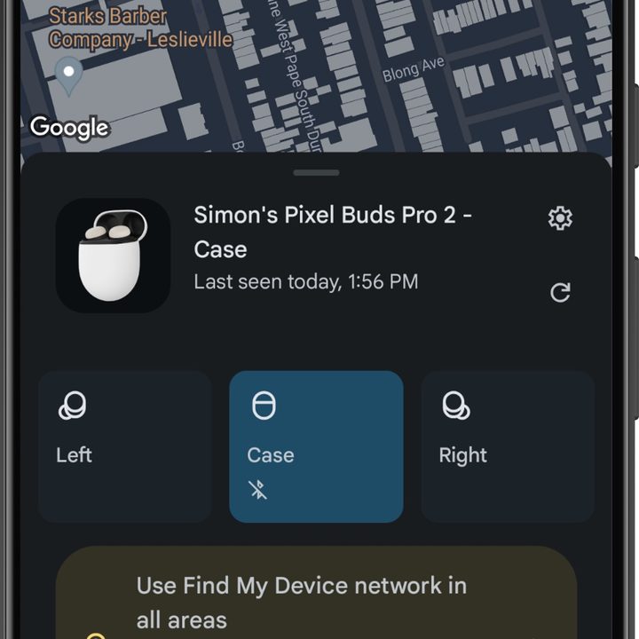 Google Pixel Buds app for Android: Find My Device.
