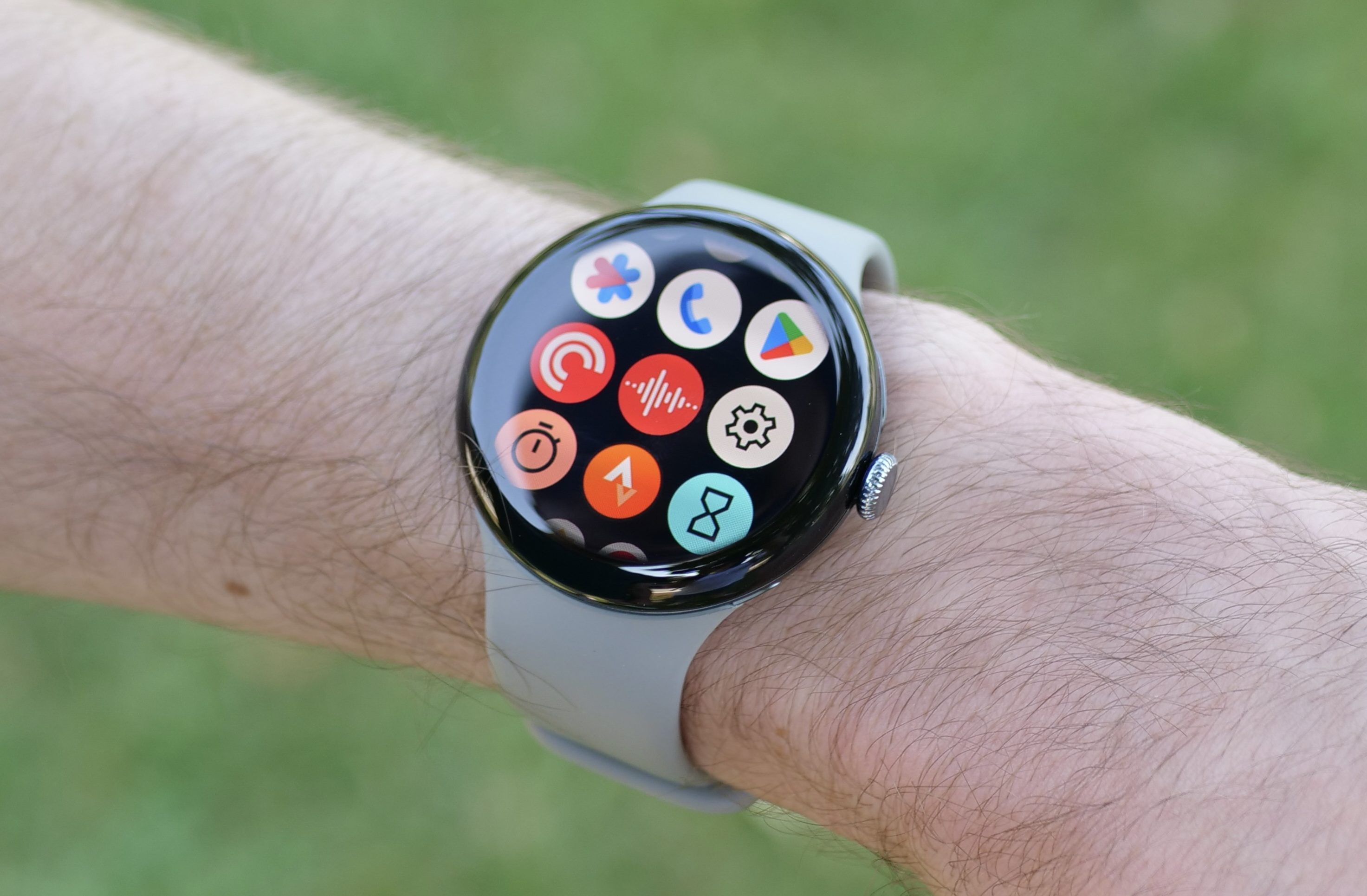 Someone wearing the Google Pixel Watch 3, showing the app drawer.
