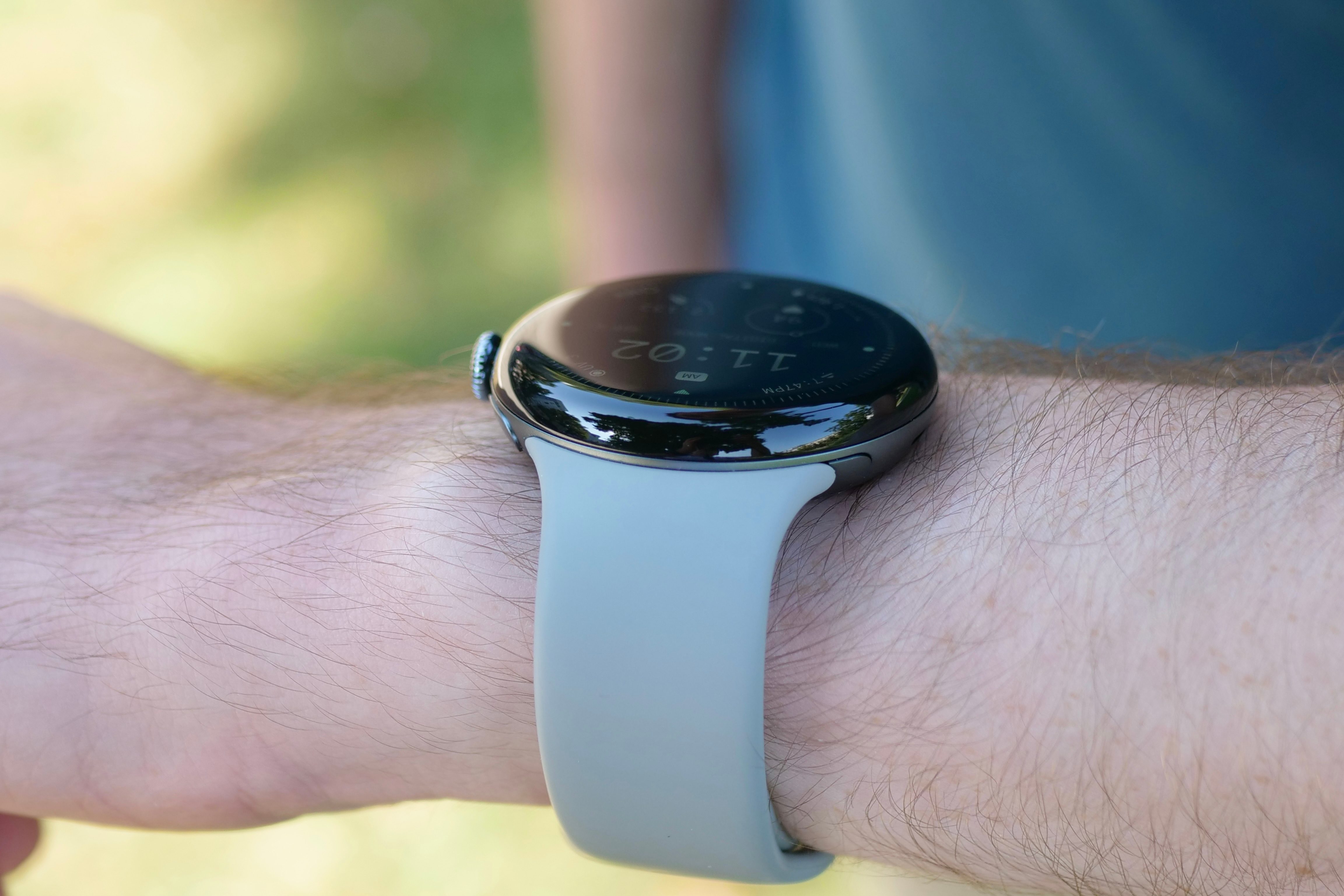 The Google Pixel Watch 3 on someone's wrist.