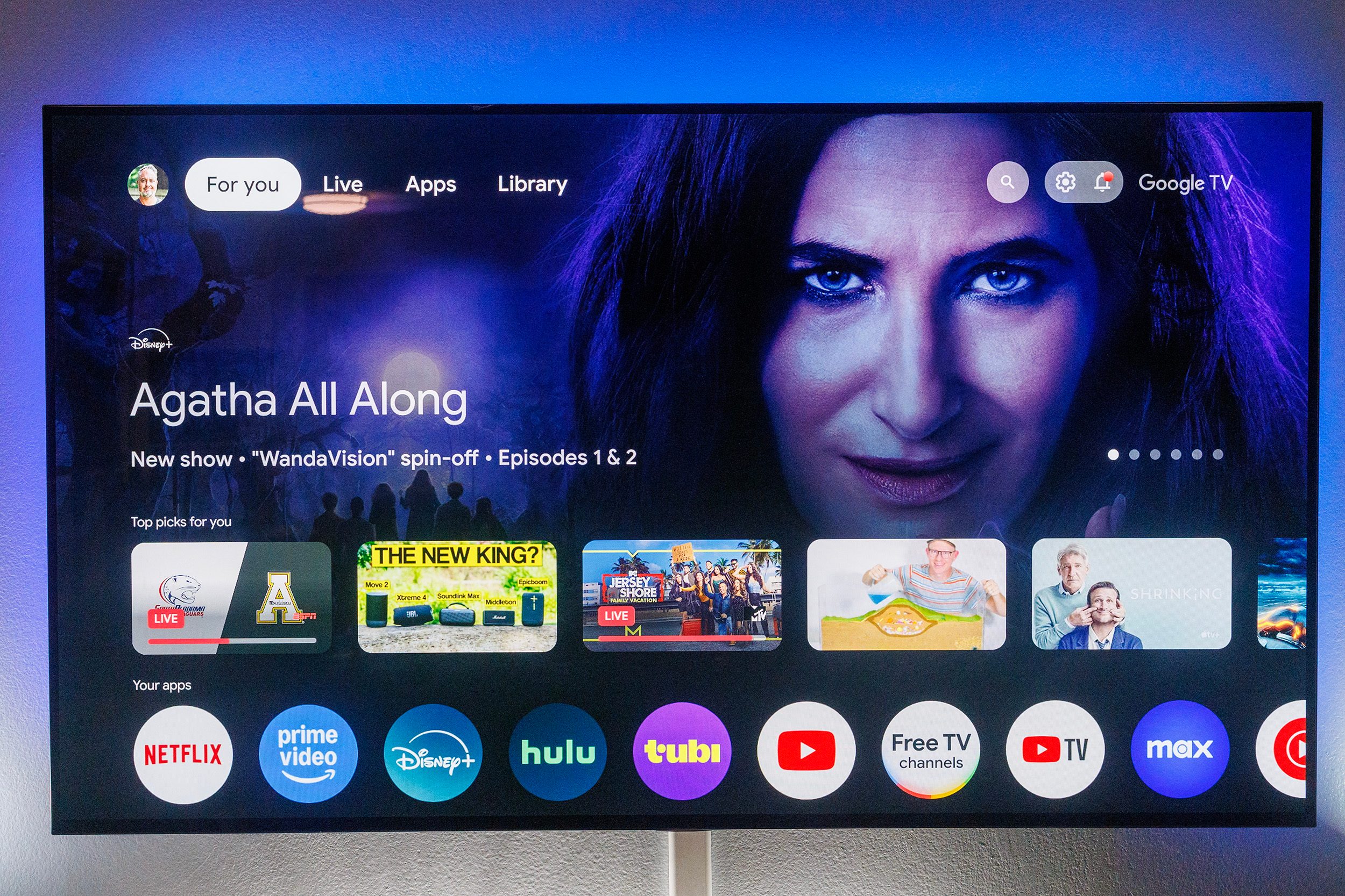 The default Google TV homescreen, as seen on the Onn 4K Pro.
