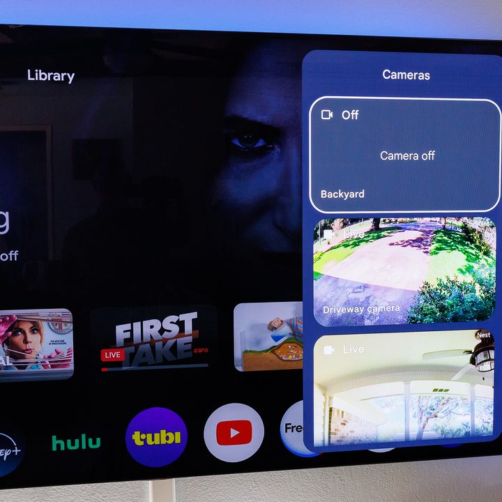Live previews of cameras in the Home Panel on Google TV Streamer. One camera is off.
