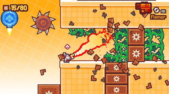 Luna burns vines with a flamethrower in Grapple Dogs: Cosmic Canines.