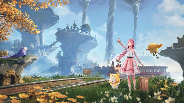 girl with pink hair and cat mascot pointing to sky
