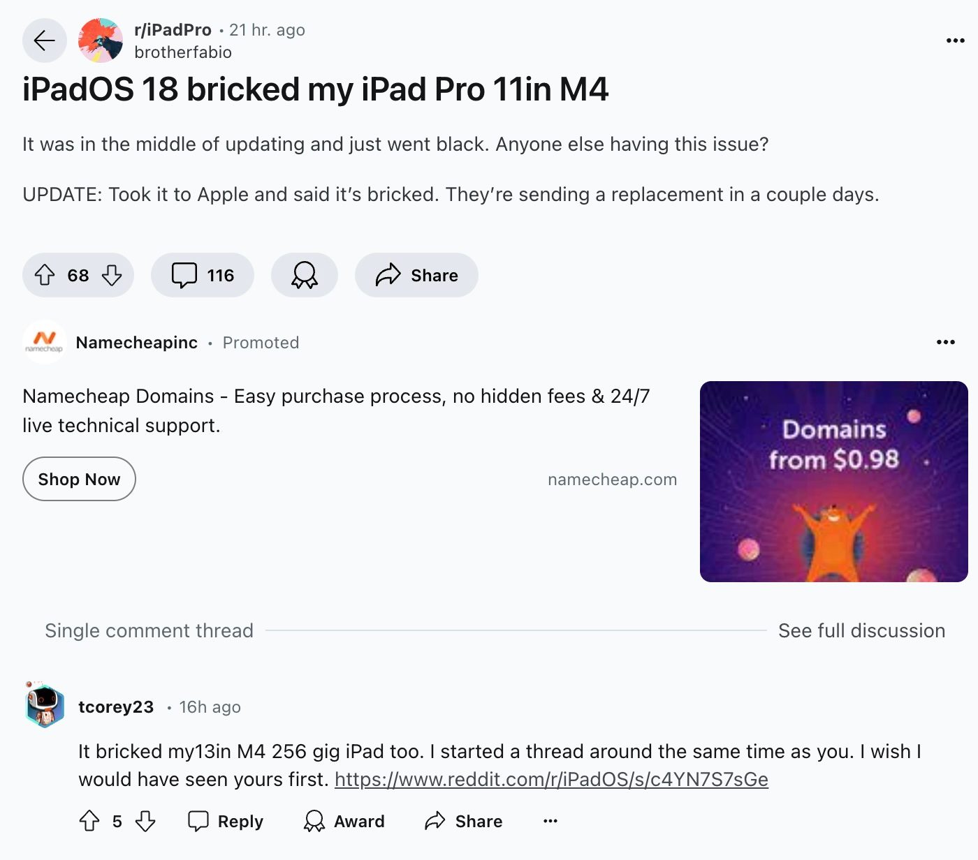 First user report of iPad Pro M4 bricked after iPadOS 18 update.