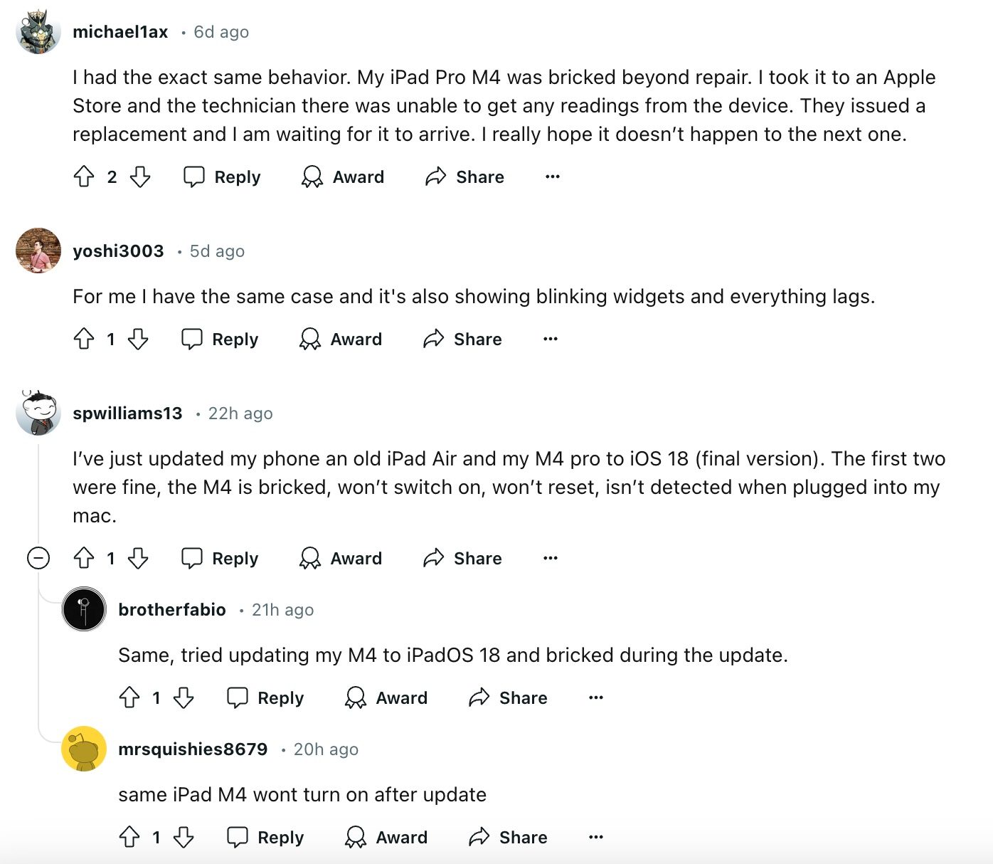 Fourth user report of iPad Pro M4 bricked after iPadOS 18 update.