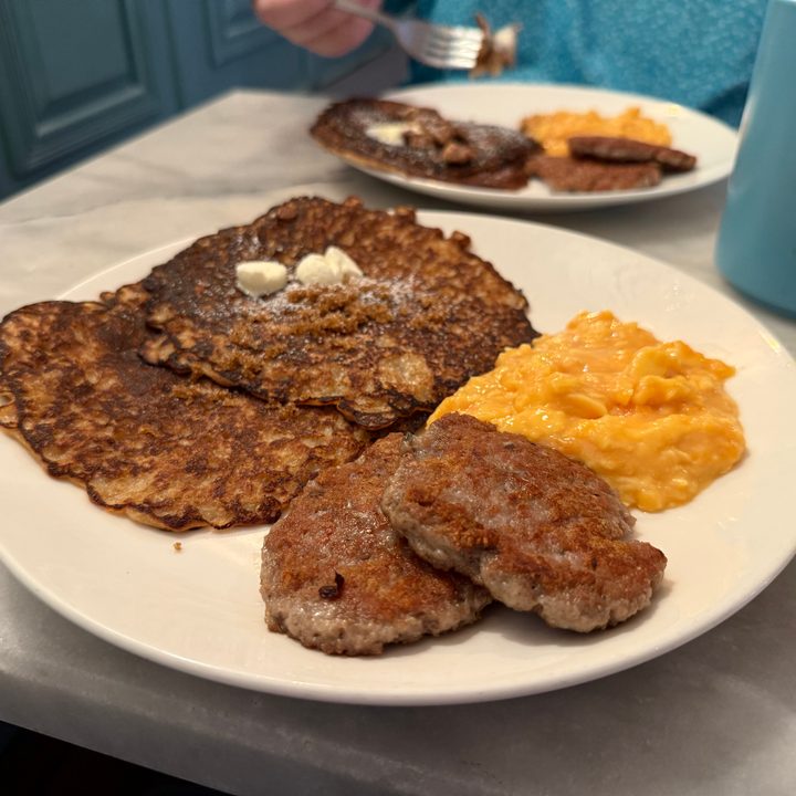 A photo of a breakfast plate with griddle cakes, taken with the iPhone 16 Pro.