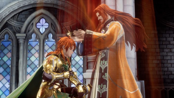 Man with long red hair putting crown on head of red haired teenage boy.