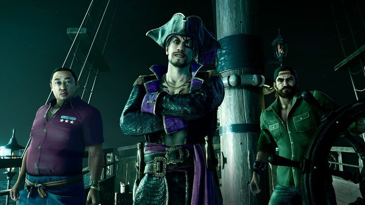 Goro Majima stands with a crew in Like a Dragon: Pirate Yakuza in Hawaii.