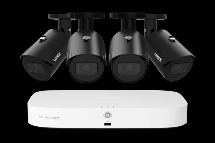 Four black Lorex fusion cameras and a white hub.