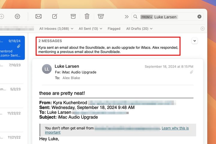 Apple Intelligence's Mail summary feature in macOS Sequoia.
