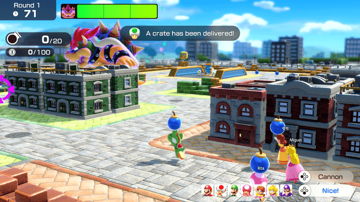 Yoshi plays a round of Bowser's Kaboom Squad in Mario Party Jamboree.