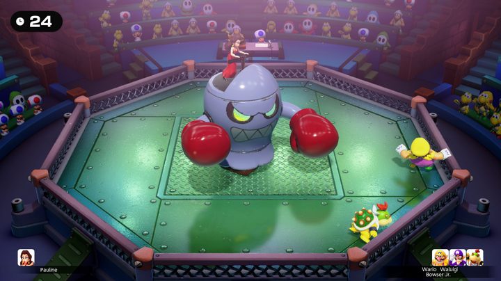 Pauline rides a mech in Mario Party Jamboree.