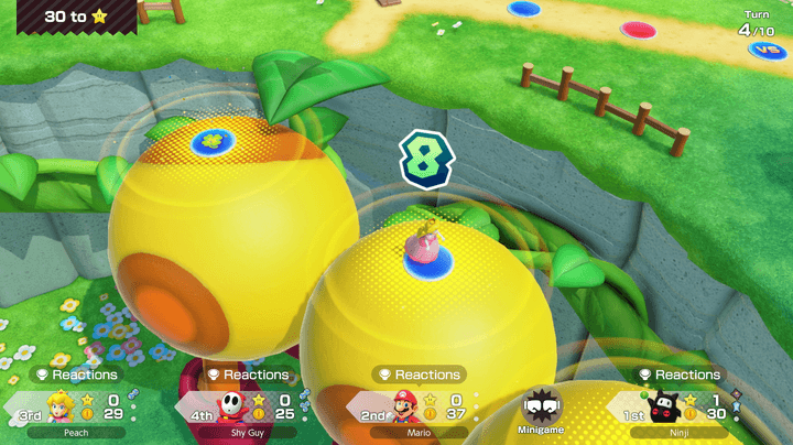 Peach runs over a Wiggler in Mario Party Jamboree.