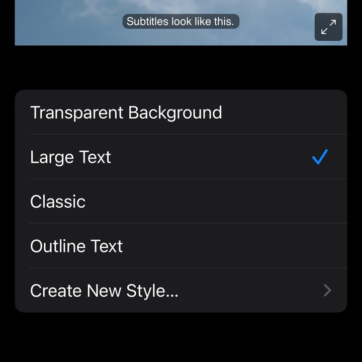 The Style screen for captions and subtitles for iOS.