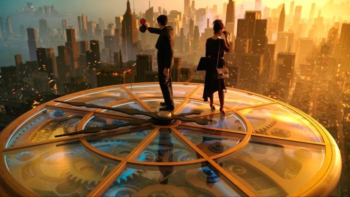 Two people stand on a skyscraper in Megalopolis.