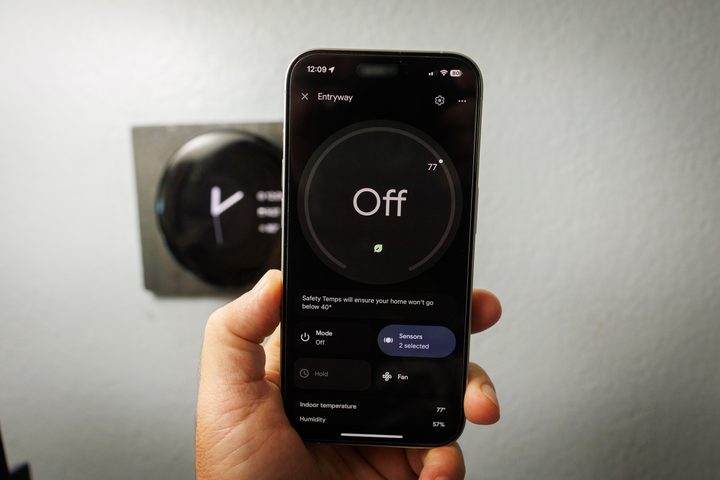The Nest Thermostat as seen inside the Google Home app.