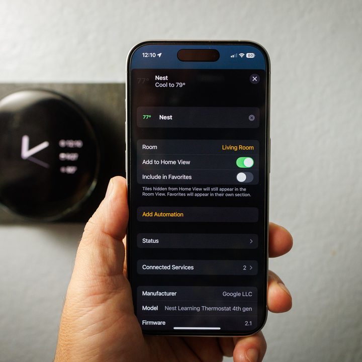 The Nest Thermostat inside the Apple Home app.