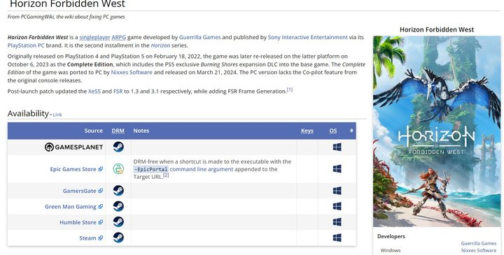 The Horizon Forbidden West page on the PCGamingWiki.