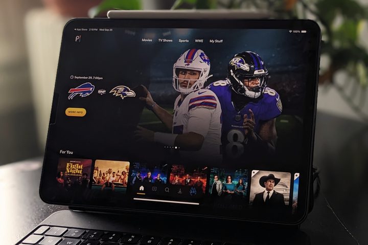 The Peacock TV home page is displayed on an iPad 11 Pro.