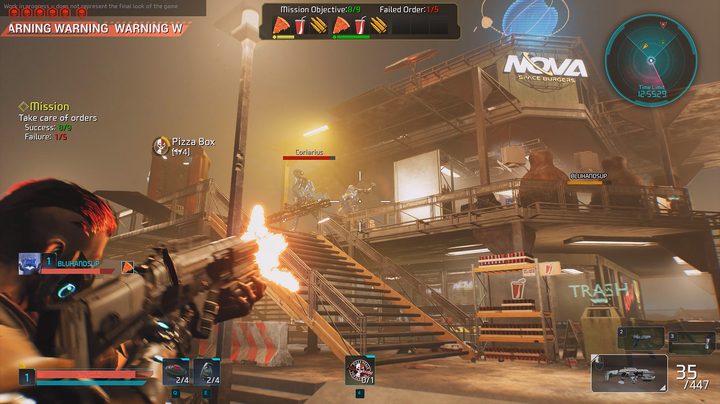 An over the shoulder view shows a cyberpunk style character shooting a machine at a monster coming down the stairs of a burger restaurant in Pizza Bandit.