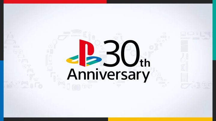 An older PlayStation logo next to the words 30th Anniversary on a white background filled with light PlayStation iconography.
