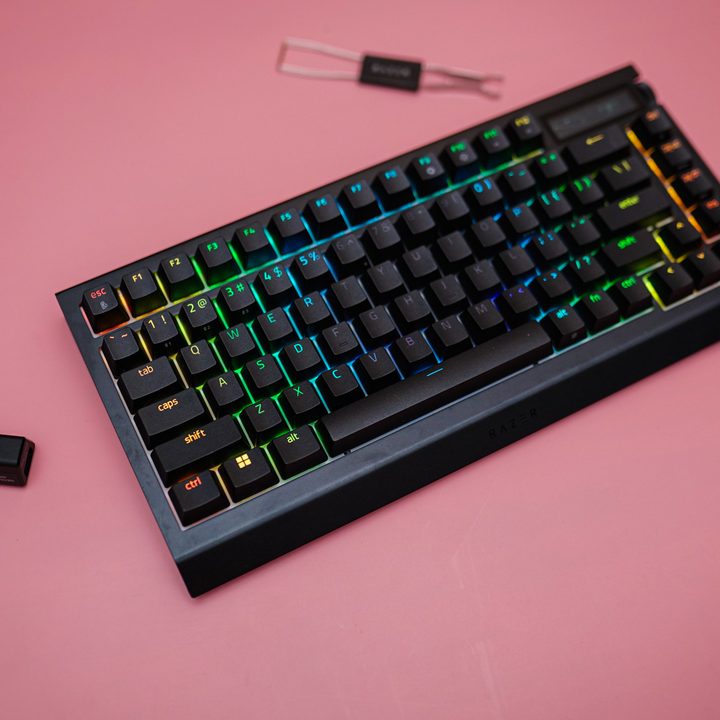 The Razer Black Widow V4 Pro 75% Wireless washed in RGB light.