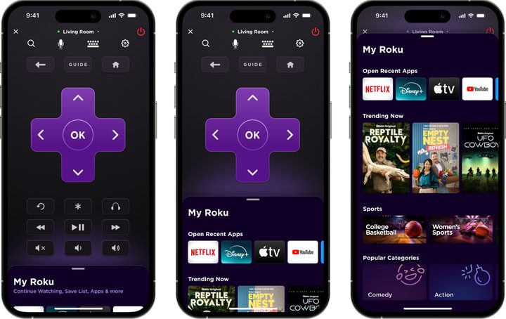 Screenshots of the new Roku Mobile app.