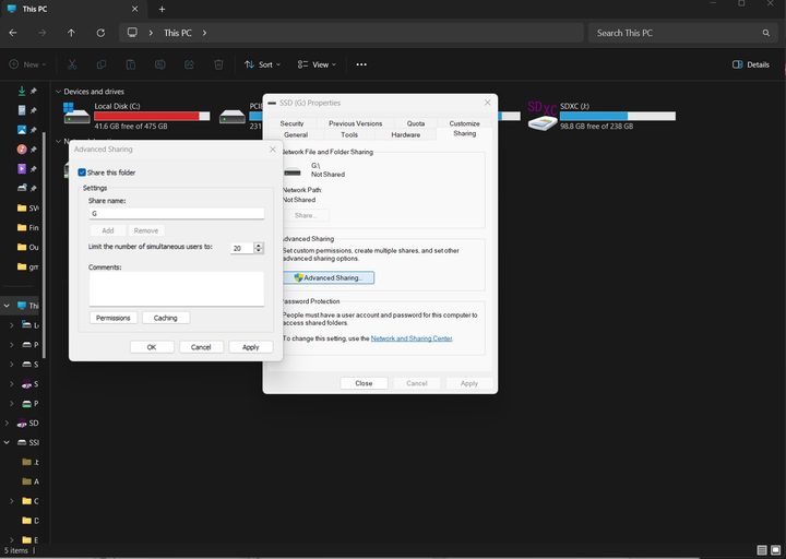 Folder sharing options in Windows 11.