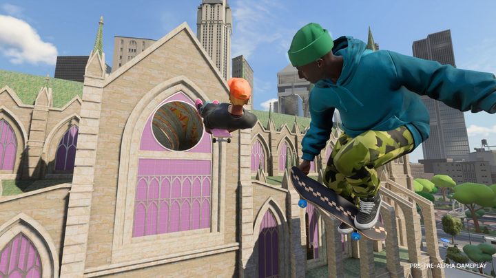 Two people on skateboards about to go into a tunnel at the top of a church.