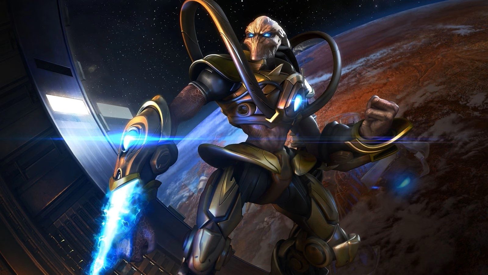 An alien in armor with a light sword standing in front of a space ship window with a planet in the background.
