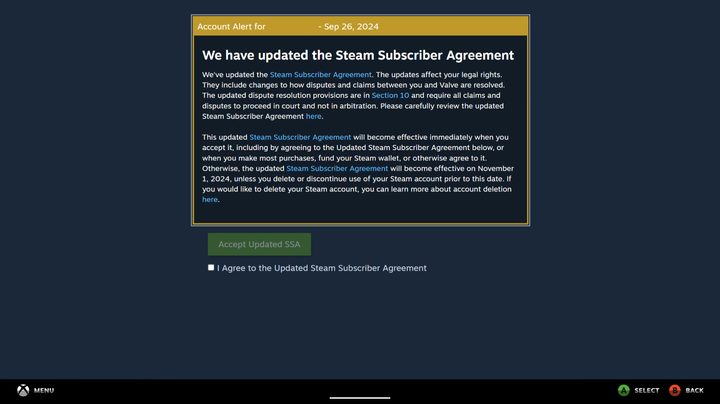 A popup on a Steam screen that says "we have updated the steam subcriber agreement." Then it lists two paragraphs of updates.